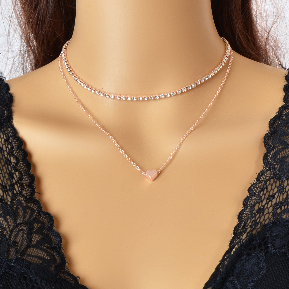 2 pcs Full Rhinestone Short Choker Heart Pendant Trendy Layered Dainty Necklace