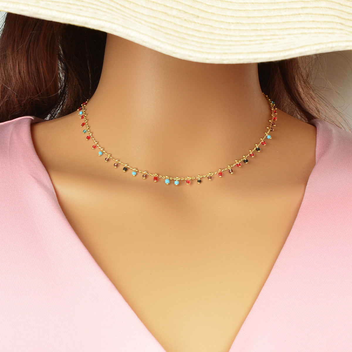 Bohemian Colorful Seed Beads Charm Gold Chain Necklace Women Holiday Jewellery