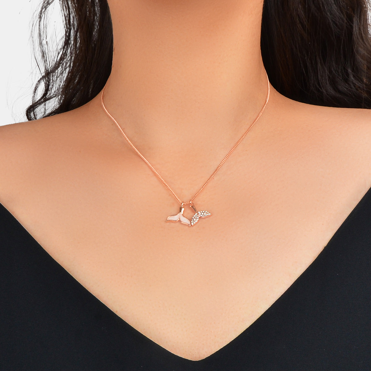 Ocean Series Jewellery Rose Gold Chain Enamel Rhinestone Mermaid Tail Necklace