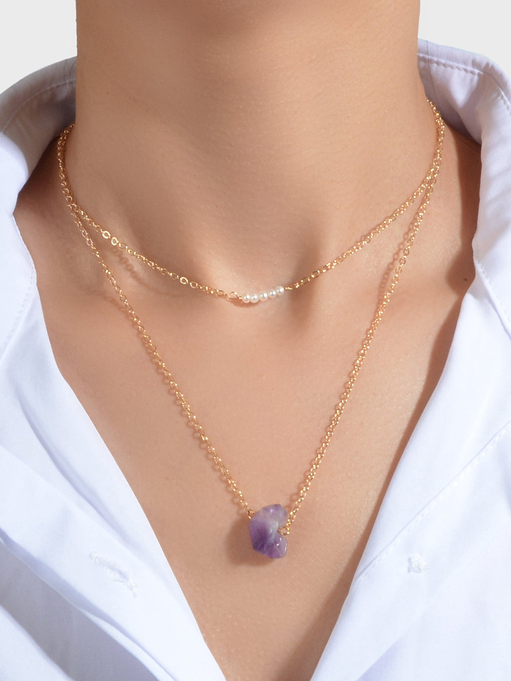 Boho Chic Jewellery Pearl Decor Double layer Chain Purple Stone Pendant Necklace