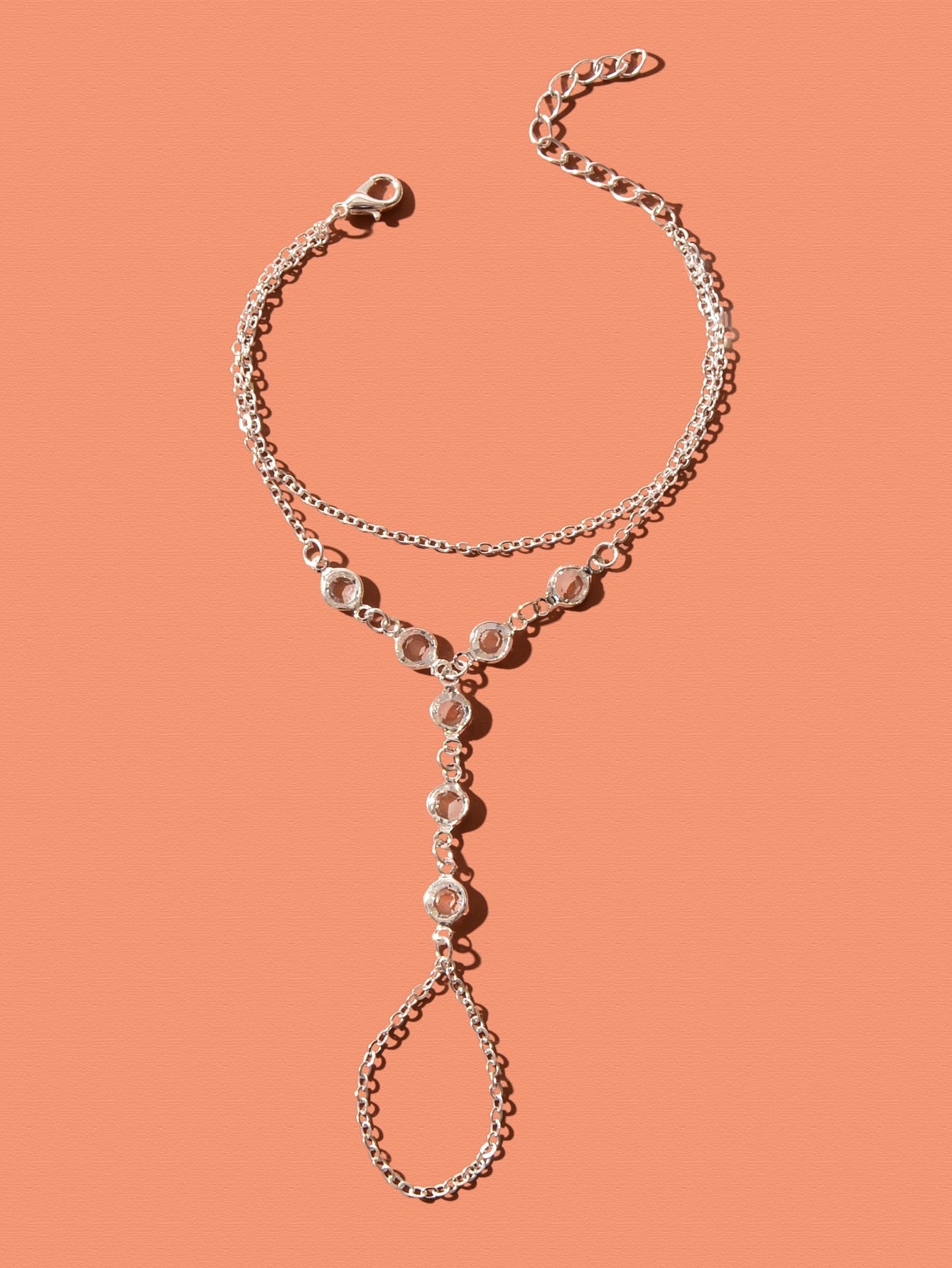 Transparent Rhinestone Double-Layer Chain Bracelet with Ring Connector