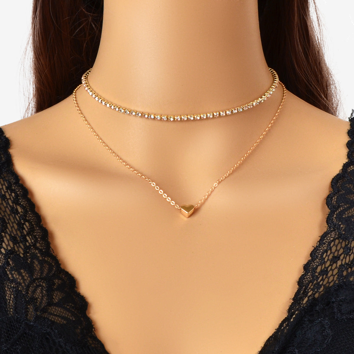 2 pcs Full Rhinestone Short Choker Heart Pendant Trendy Layered Dainty Necklace