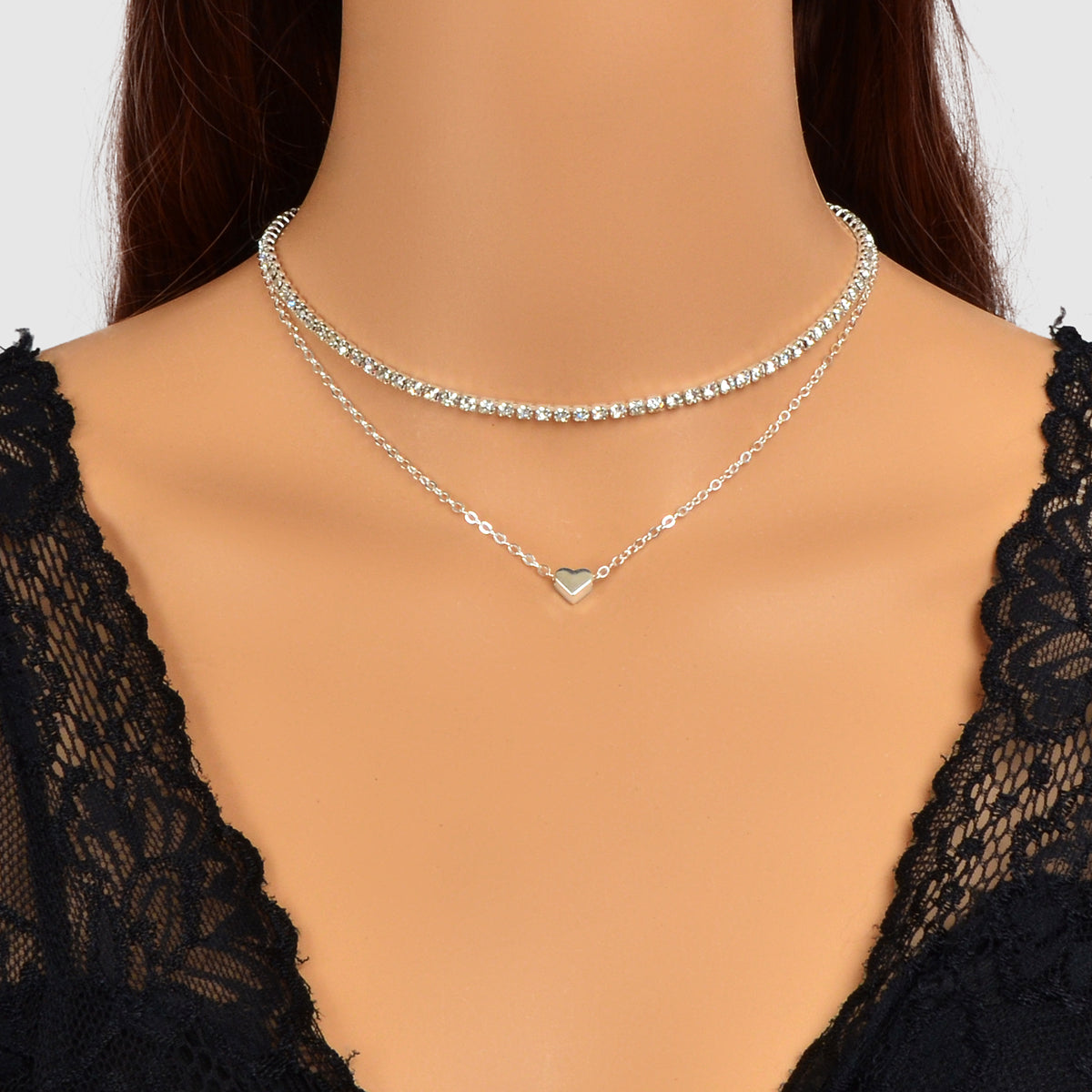 2 pcs Full Rhinestone Short Choker Heart Pendant Trendy Layered Dainty Necklace