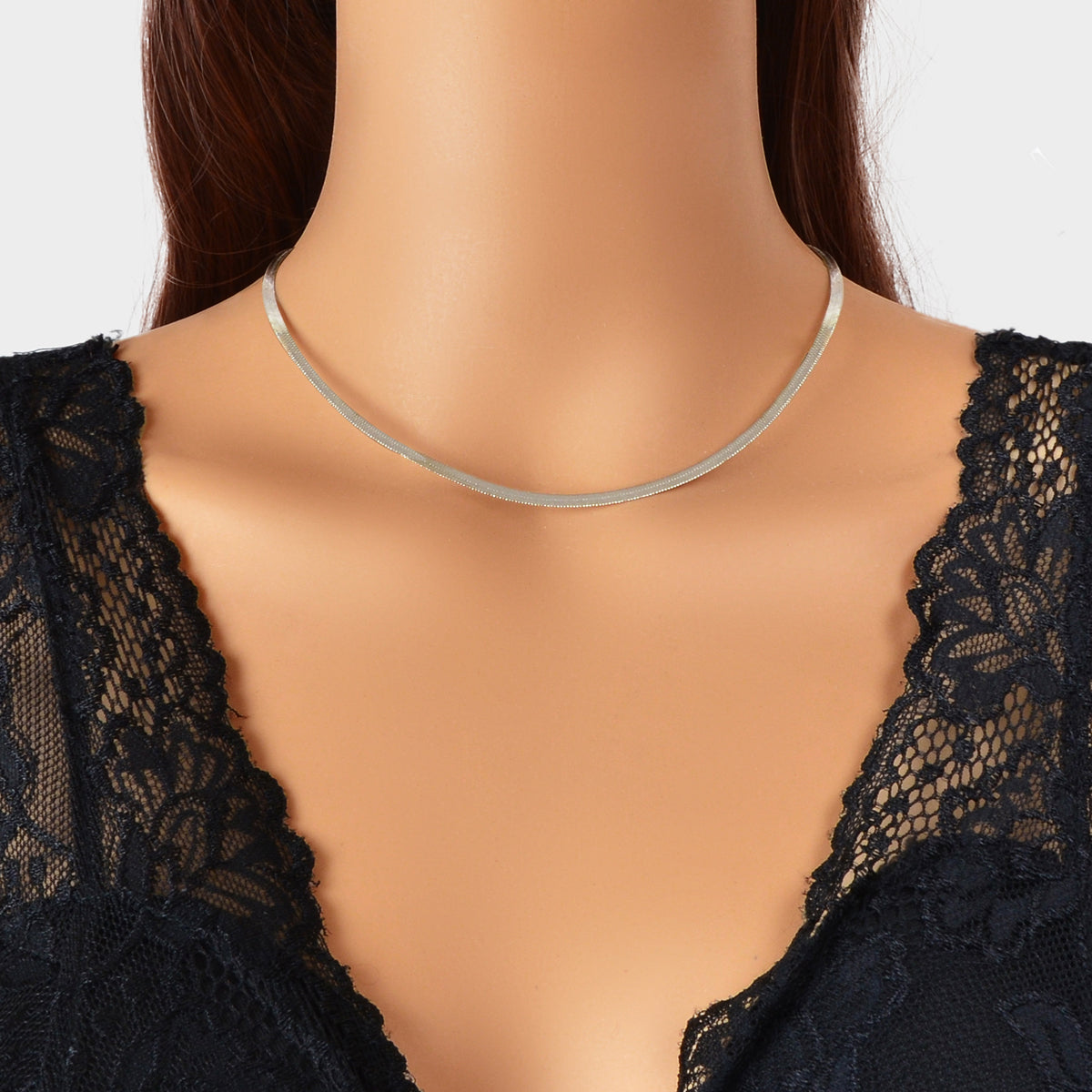 Punk Silver Minimalist Flat Herringbone Snake Chain Necklace Short Women Collar