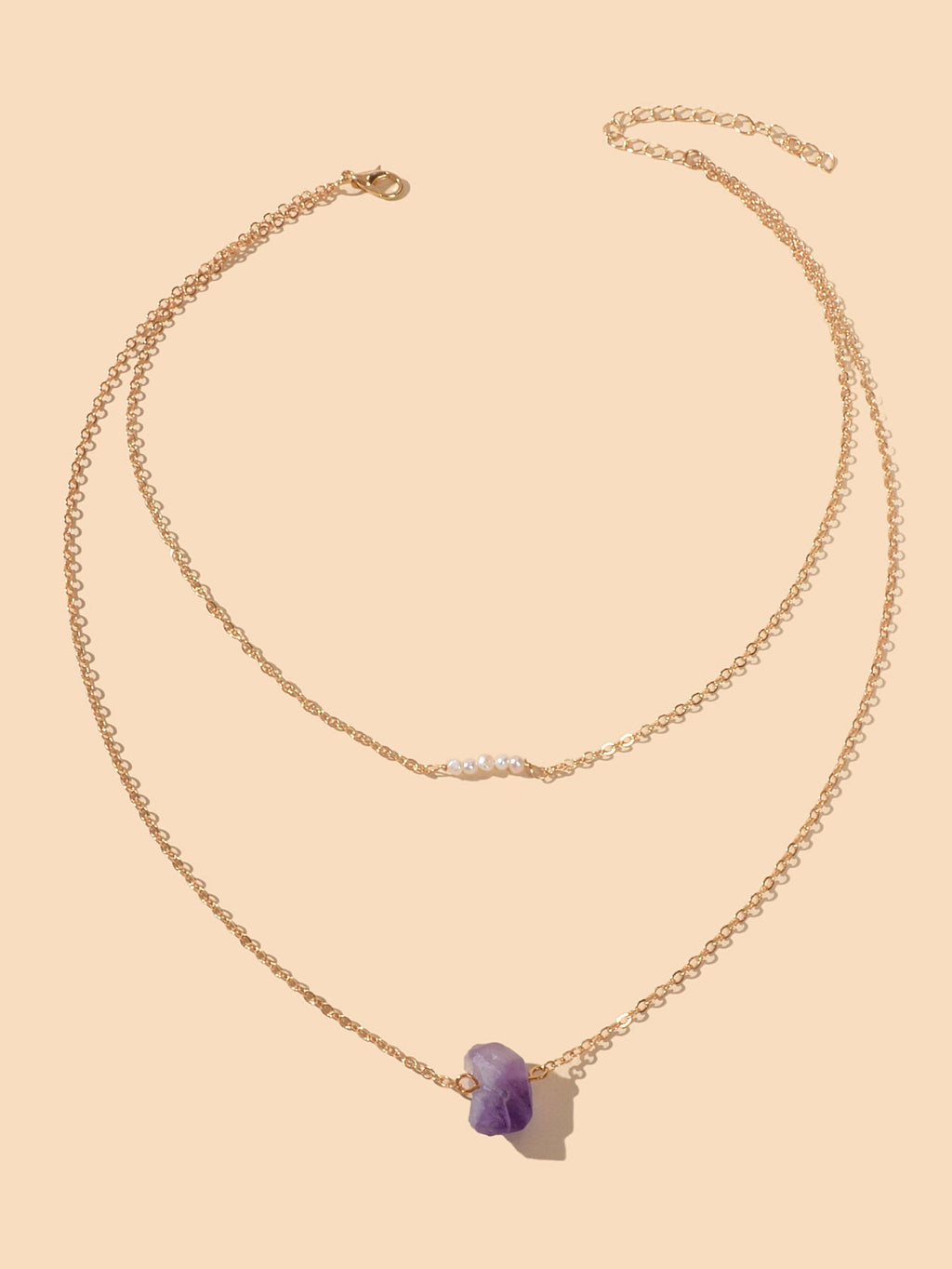 Boho Chic Jewellery Pearl Decor Double layer Chain Purple Stone Pendant Necklace