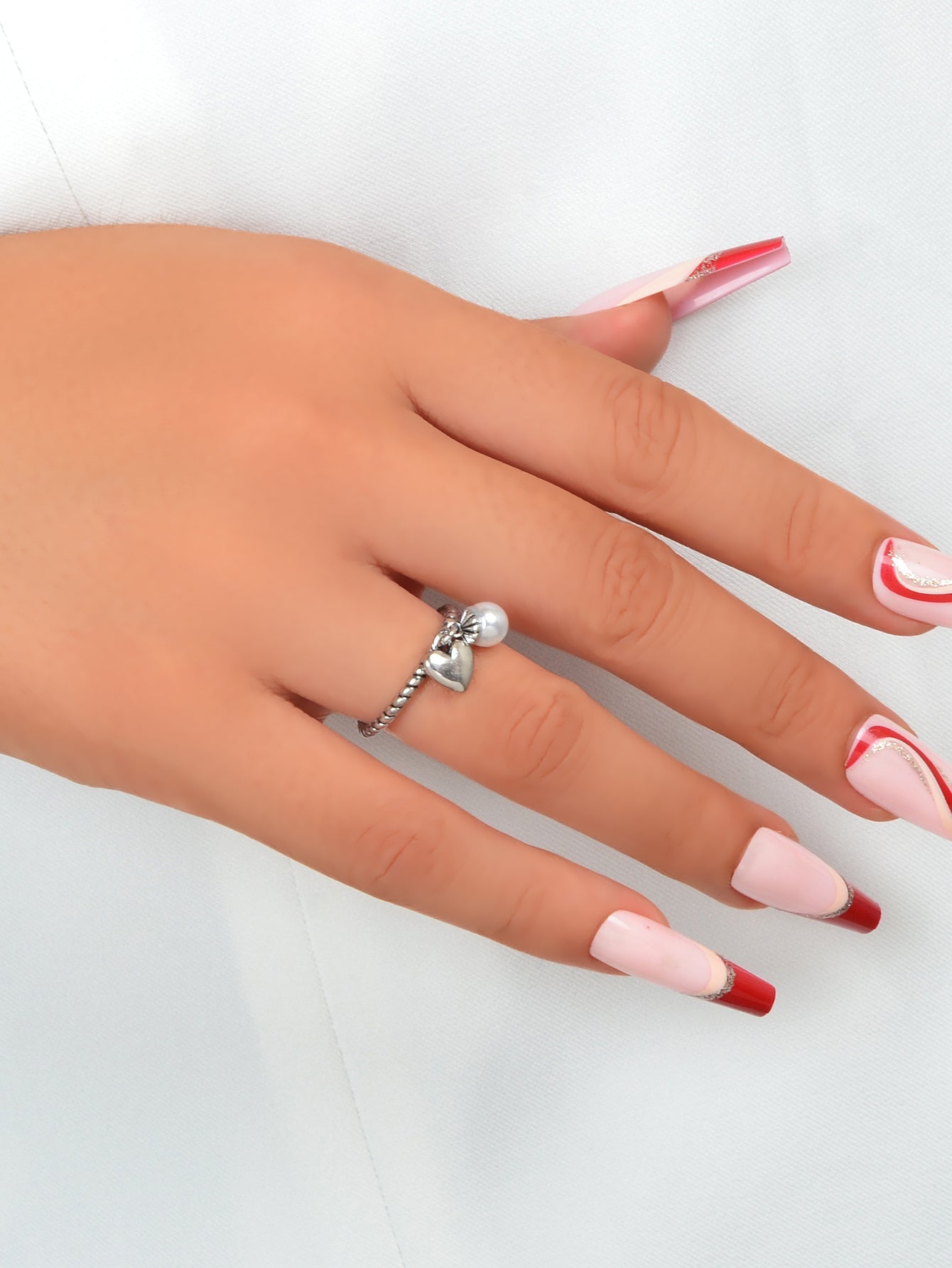 Vintage Silver Statement Antique Pearl Heart Charm Open Cuff Ring Women's Band