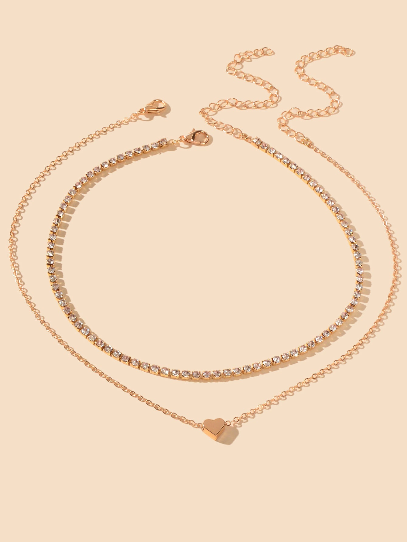 2 pcs Full Rhinestone Short Choker Heart Pendant Trendy Layered Dainty Necklace