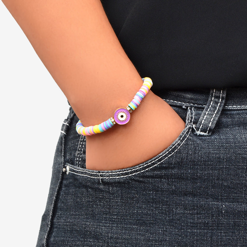 Heishi Surfer Handmade Evil Eye Rainbow Vinyl Disc Beaded Stretchy Bracelet Gift