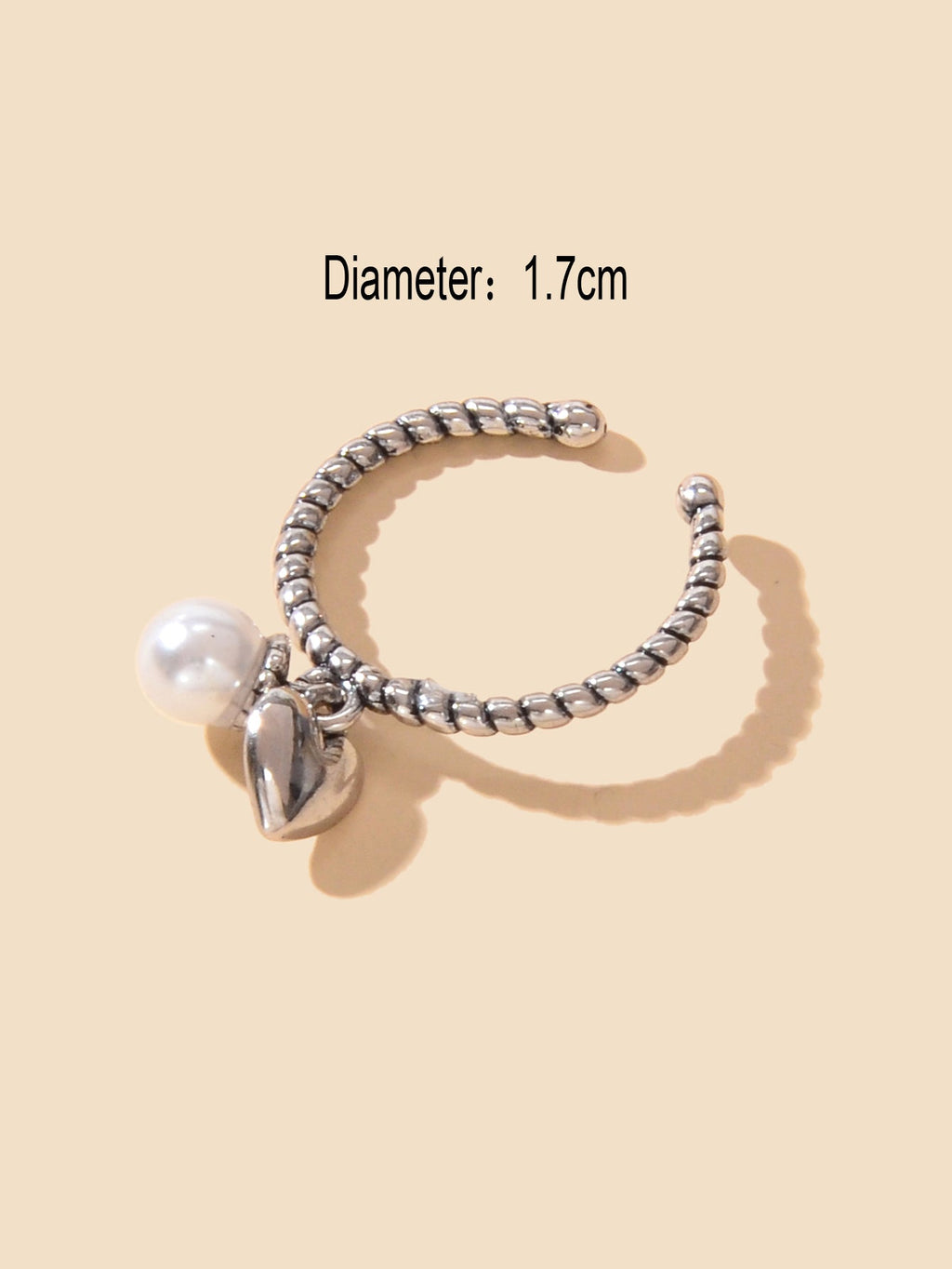 Vintage Silver Statement Antique Pearl Heart Charm Open Cuff Ring Women's Band