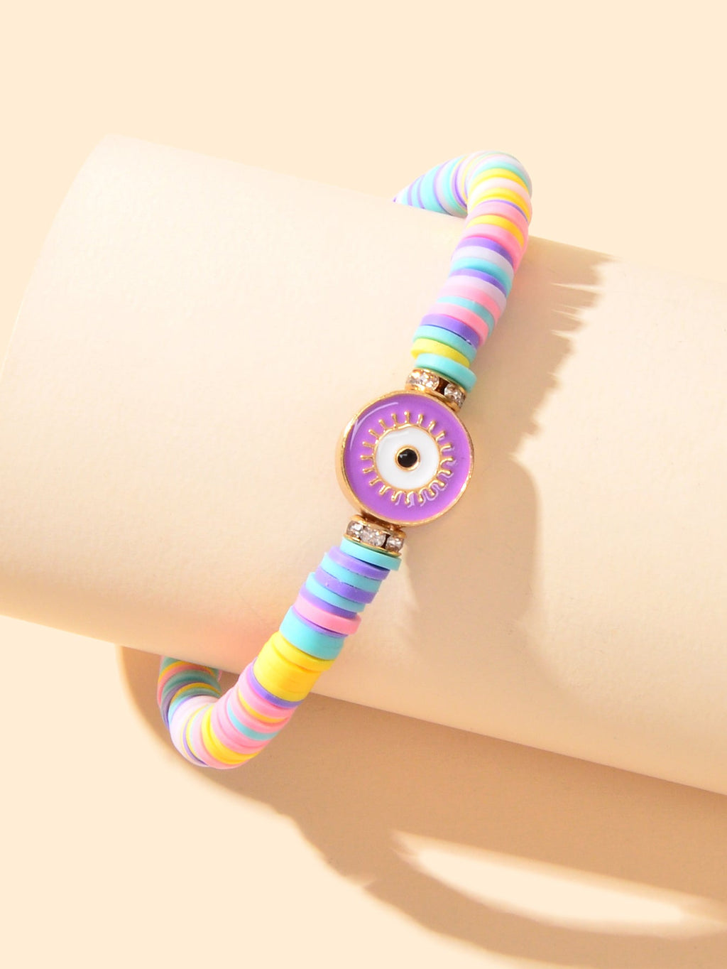 Heishi Surfer Handmade Evil Eye Rainbow Vinyl Disc Beaded Stretchy Bracelet Gift