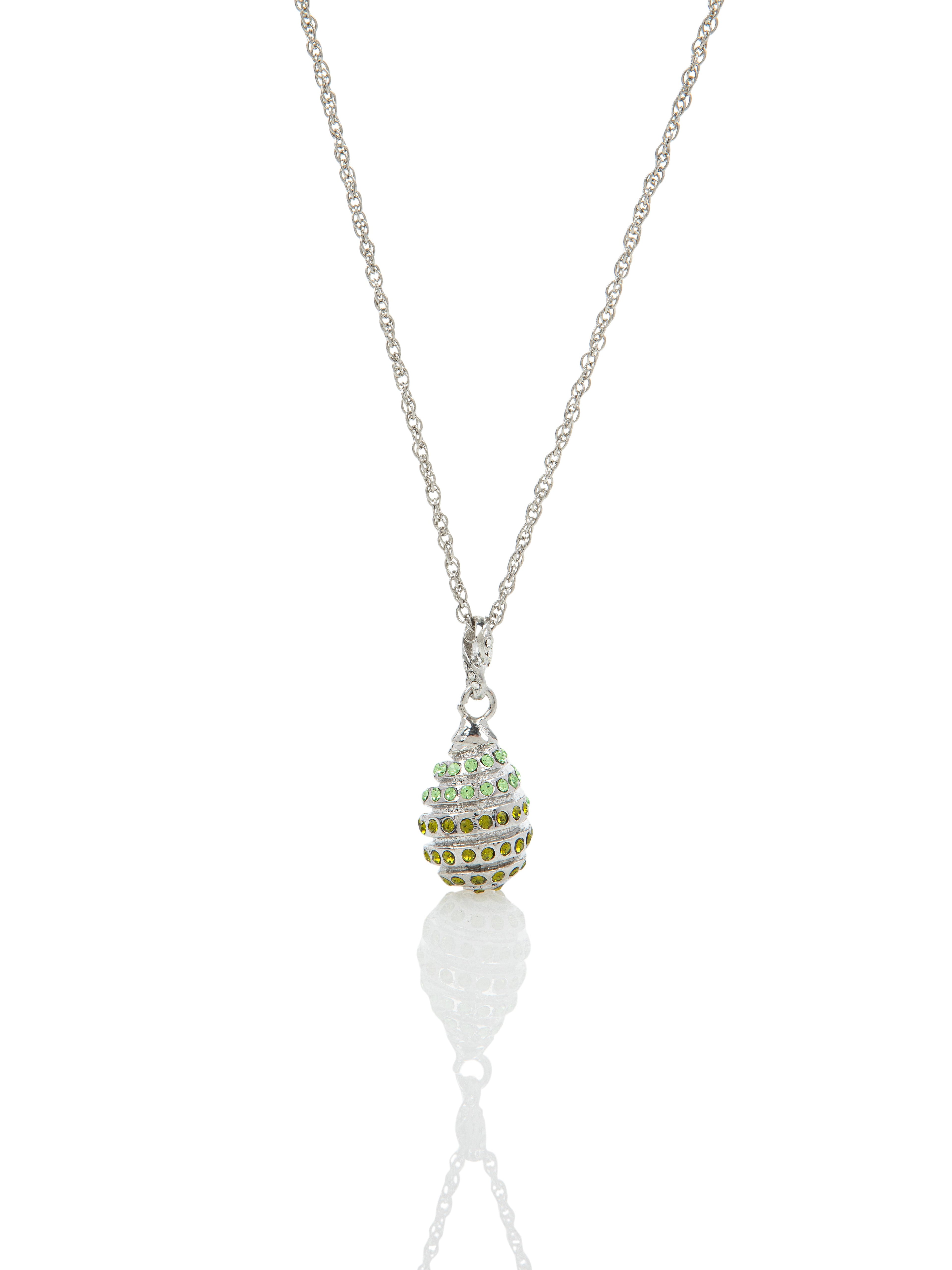 Silver Egg with Green Crystals Pendant Necklace