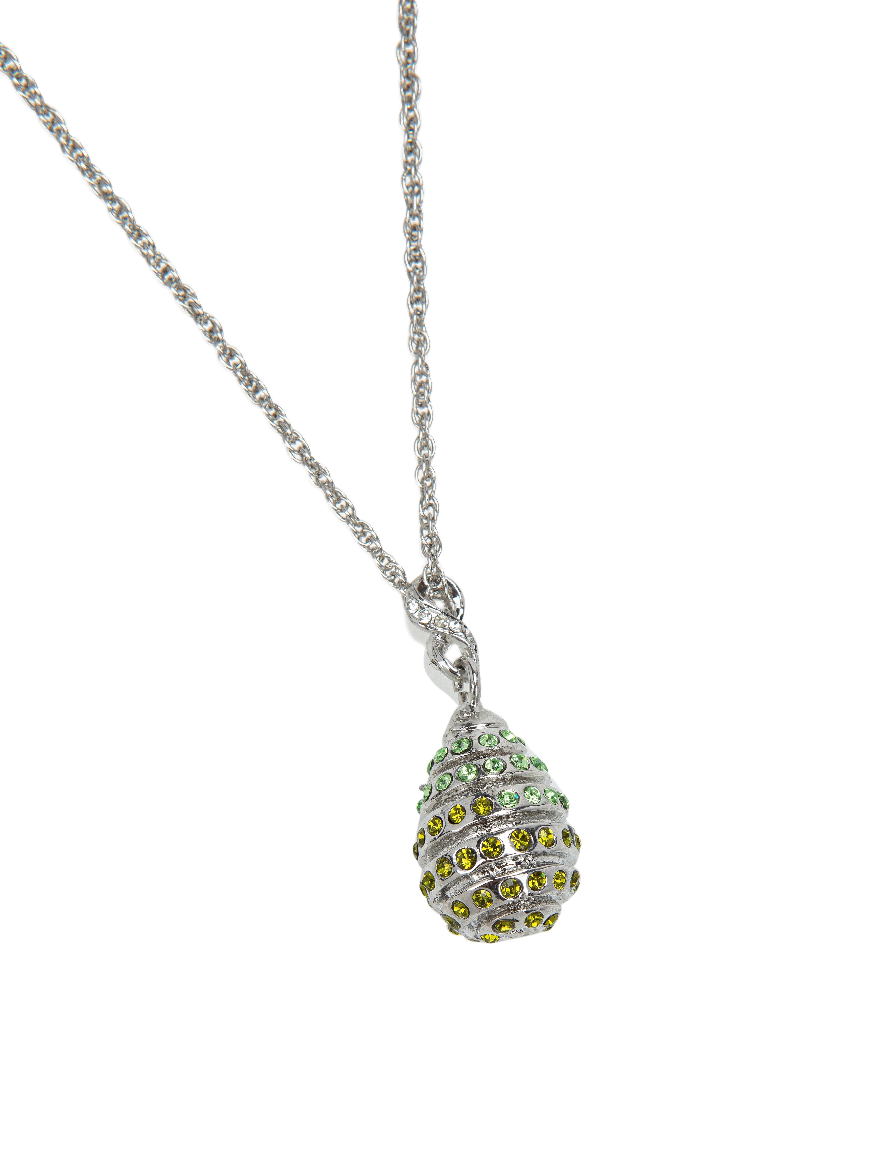 Silver Egg with Green Crystals Pendant Necklace