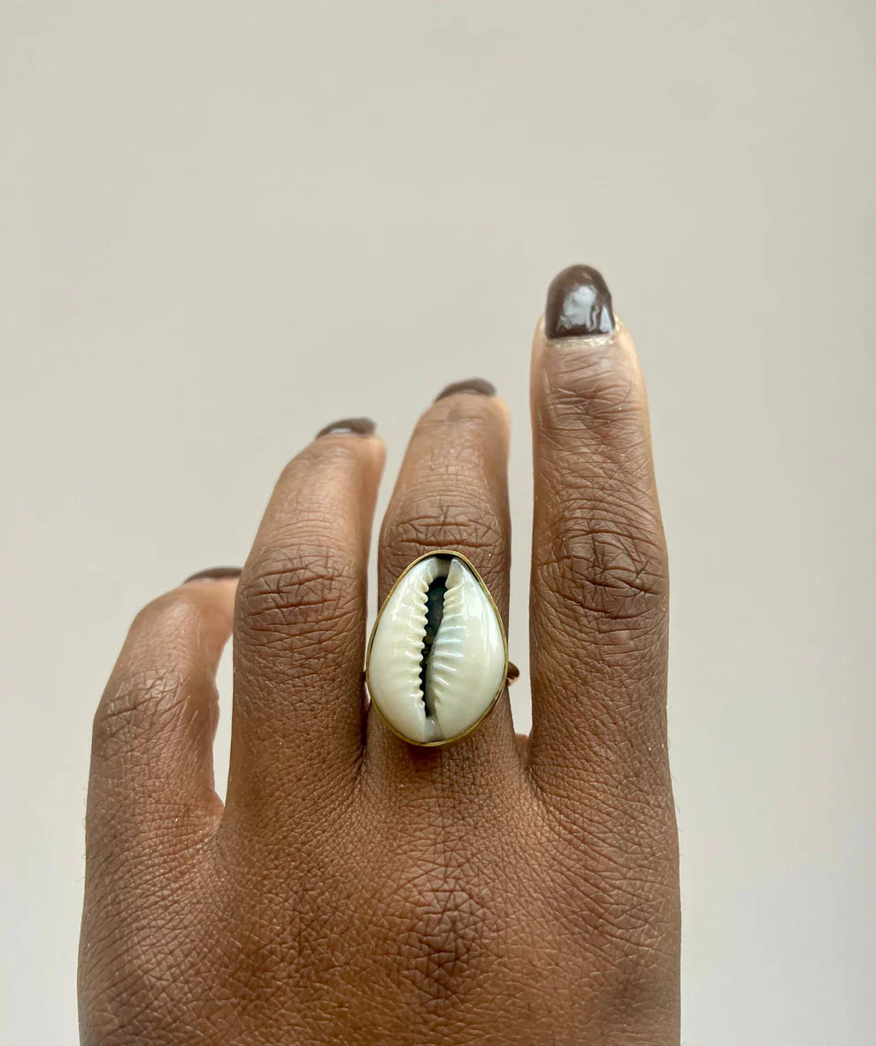 Cowrie Shell Recycled Brass Adjustable Ring