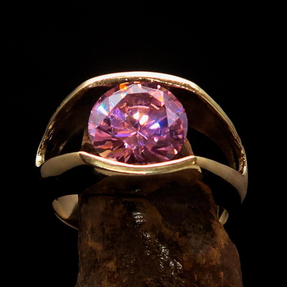 Smoothly crafted Men's Brass Solitaire Ring Pink Cubic Zirconia CZ