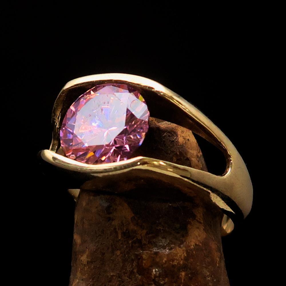 Smoothly crafted Men's Brass Solitaire Ring Pink Cubic Zirconia CZ