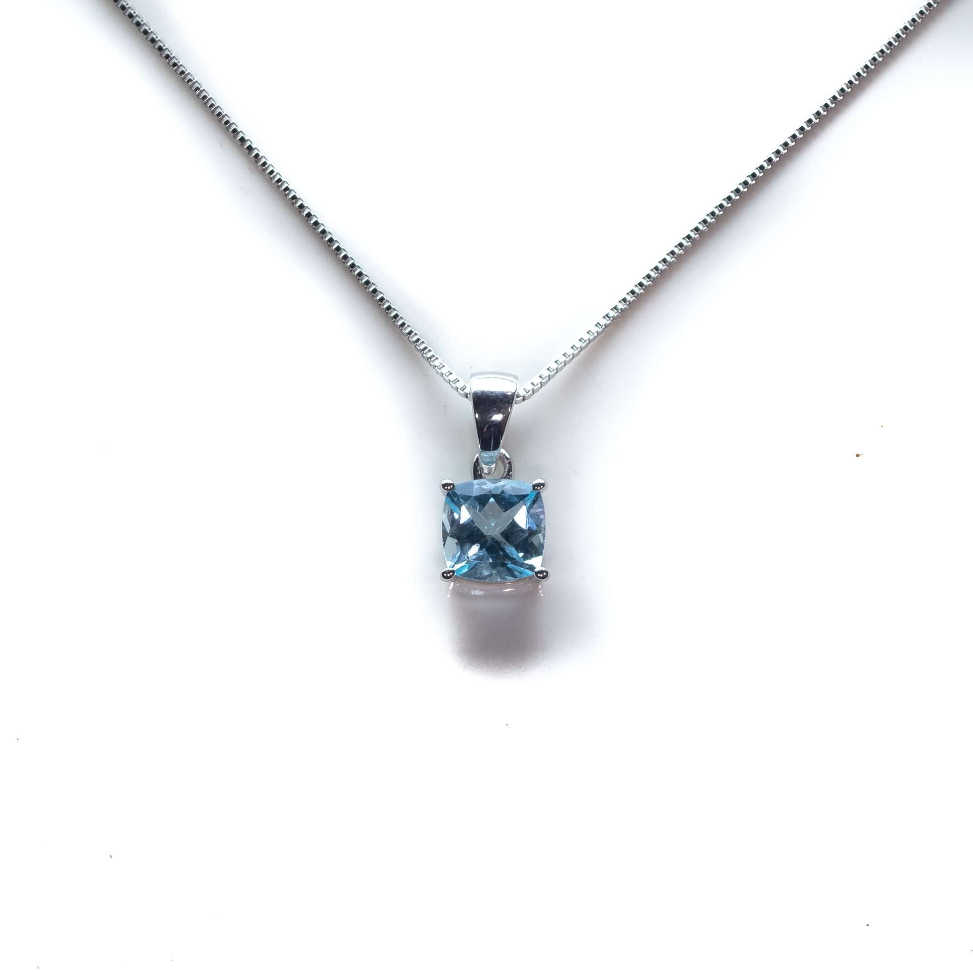 8 MM Natural Blue Topaz 2.5 CT Cushion Cut Stanley Solitaire Necklace in Silver 925