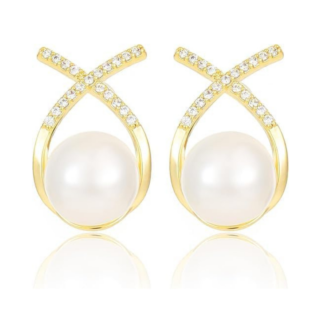 Elegant Gold Plated Pearl Stud Cross Earrings