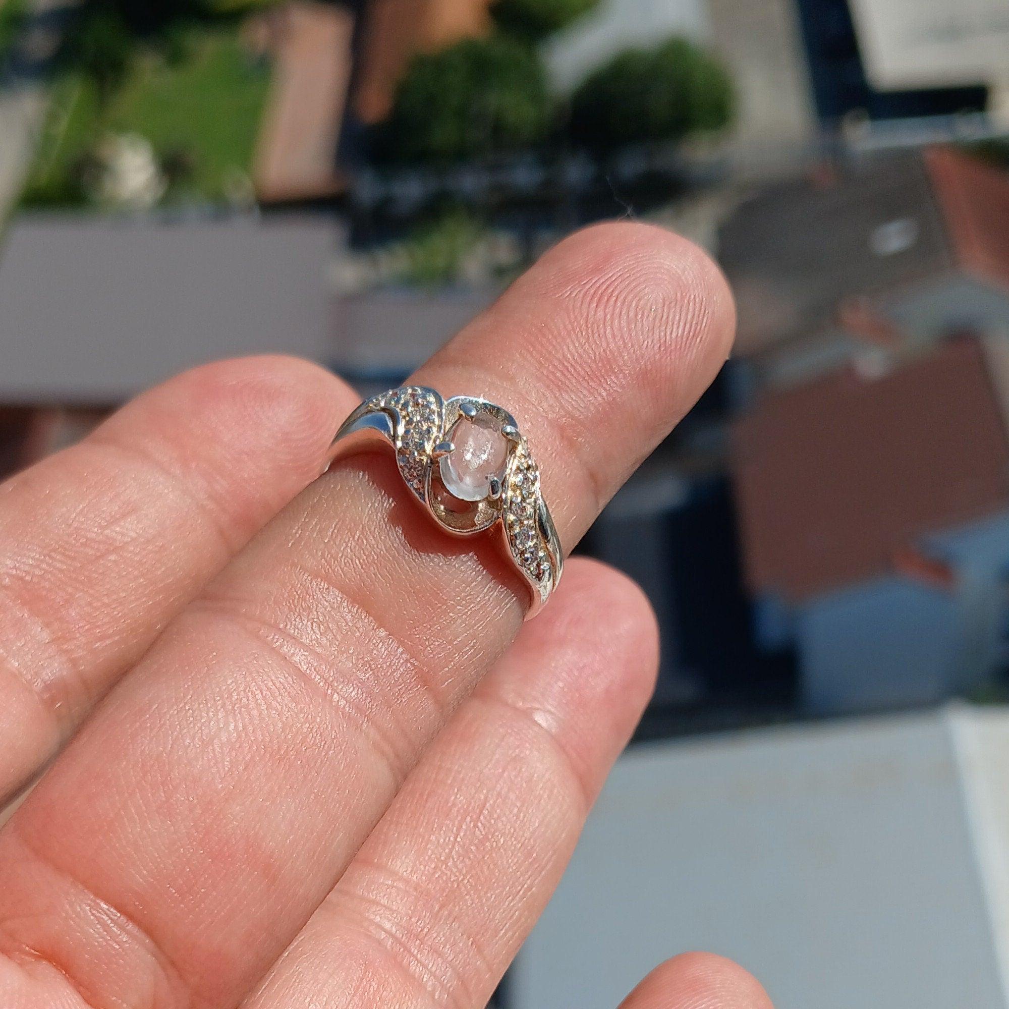 Moonstone Ring, Moonstone Silver Ring, Gemstone Sterling Silver ring, Solitaire Ring, oval Ceylon Moonstone and 10 CZ handmade ring Size 7.5