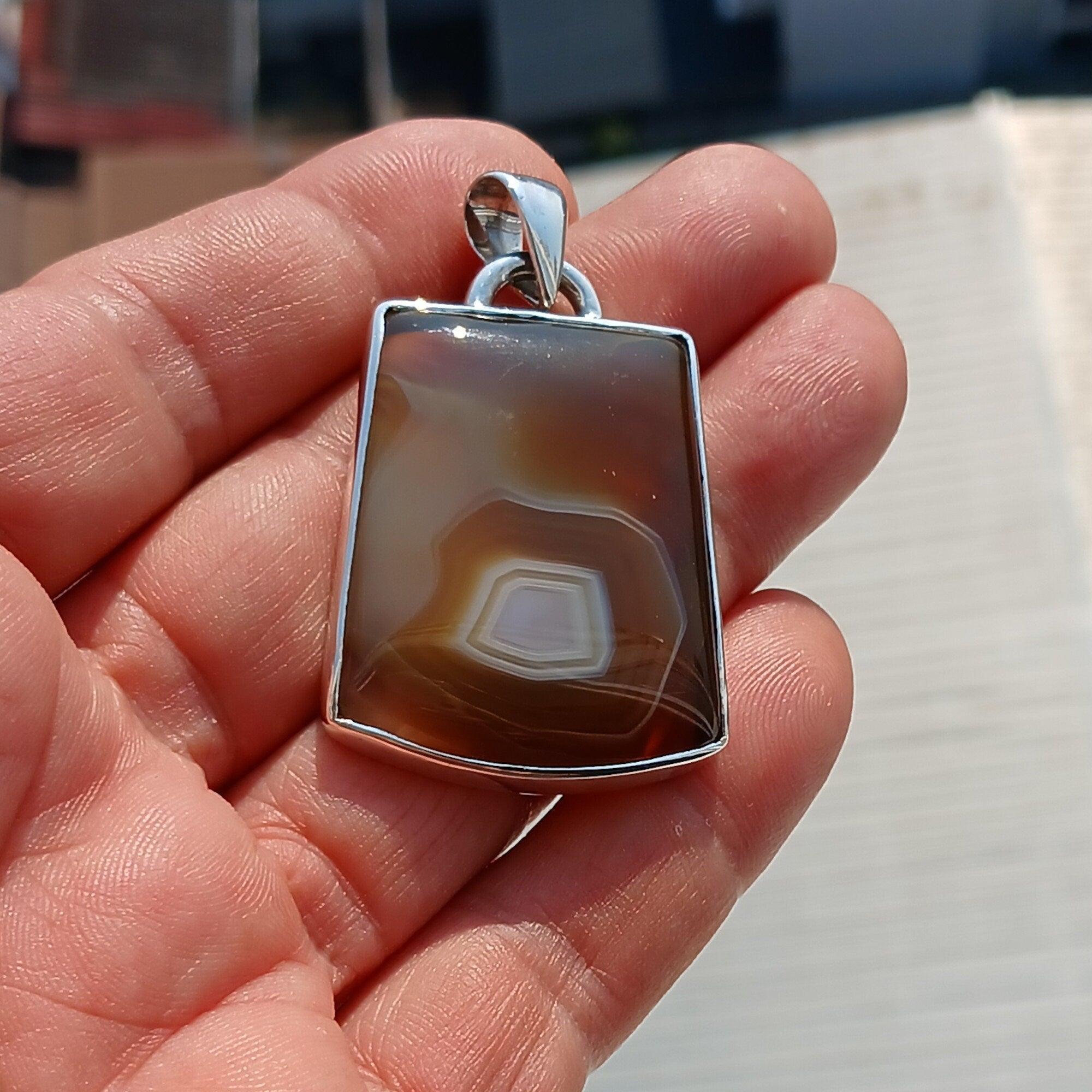Agate Necklace, Sterling Silver Pendant, Artwork Pendant, honey color Agate, Silver Necklace, Gift for Him, Agate silver Amulet, Unique Gift