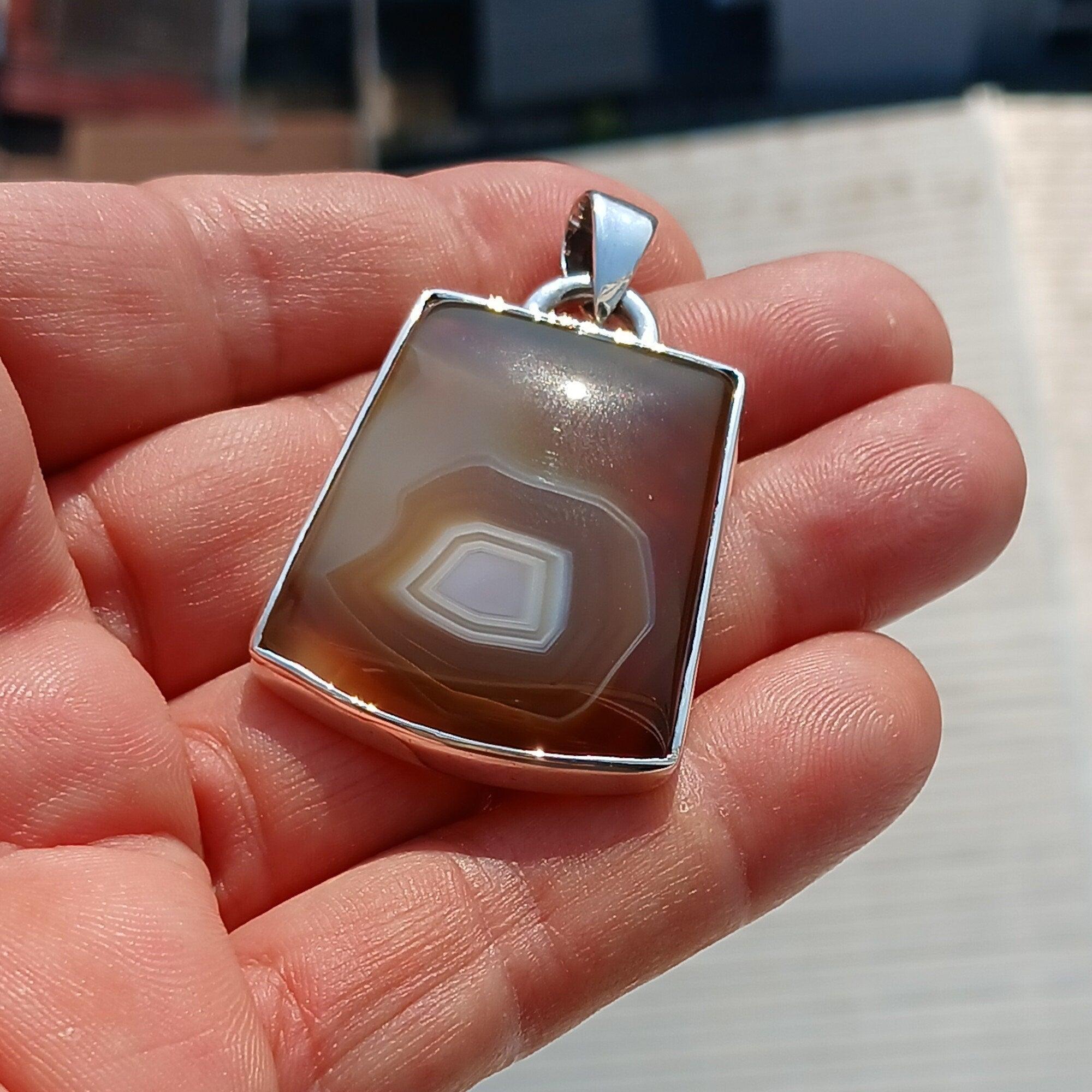 Agate Necklace, Sterling Silver Pendant, Artwork Pendant, honey color Agate, Silver Necklace, Gift for Him, Agate silver Amulet, Unique Gift